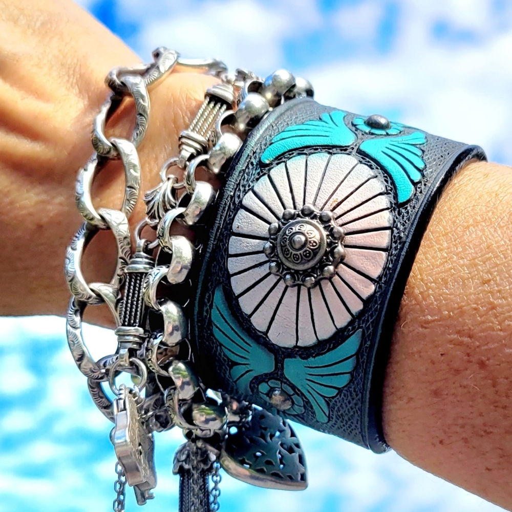 Hand Painted Turquoise Blue Leather Bracelet